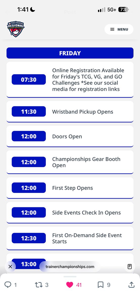 tommydangVGC's tweet photo. @brewington1997 @GamingGen It looks like online registration starts 7:30am and then check in starts at noon. It says that they will post sign up links on social media so I assume we will just have to wait until they post the links https://t.co/qmbjoSS4g9