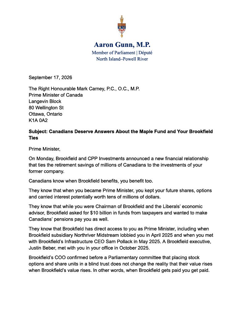 AaronGunn's tweet photo. Wow. Brookfield launches a $50 BILLION investment fund with the Canadian Pension Plan to leverage the retirement savings of millions of Canadians so private shareholders like Mark Carney can earn even bigger profits.

The potential for a conflict of interest is staggering.

My letter to the Prime Minister encouraging him to do the right thing and sell his stock options, deferred shares and all other Brookfield assets. 👉