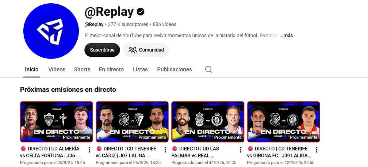 GradaBpro's tweet photo. 📺 LaLigaHypermotion se verá en abierto a través del canal de Youtube de Replay y en la web de @marca 

Cada jornada emitirá un partido de la categoría de plata.

20 septiembre 
@U_D_Almeria vs @CanteiraCeleste 

26 septiembre
@CDTOficial vs @Cadiz_CF 

4 octubre
@UDLP_Oficial vs @RealSociedad 

12 octubre
@CDTOficial vs @GironaFC
