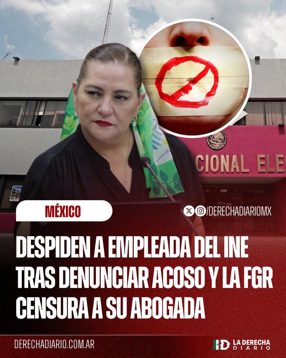 DerechaDiarioMX's tweet photo. 🚨🇲🇽 | CENSURA Y ACOSO EN EL INE: Una empleada fue despedida tras ser acosada por funcionarios del INE por denunciar violencia de género y acoso laboral en el instituto. Como si la vileza fuera poca, la FGR le ordenó a su abogada borrar los videos de prueba para silenciar el escándalo.
