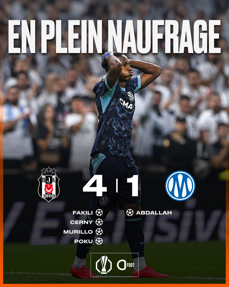 ActuFoot_'s tweet photo. 🚨🚨 L'OM SOMBRE LITTÉRALEMENT FACE AU BESIKTAS 🇹🇷 ET S'INCLINE 4 BUTS À 1 ! 🤯

Les Marseillais enchaînent une 4ème défaite consécutive... avant le Classique face au PSG. ❌❌❌❌

La saison va être longue pour les supporters marseillais... https://t.co/4mMI58BRzl