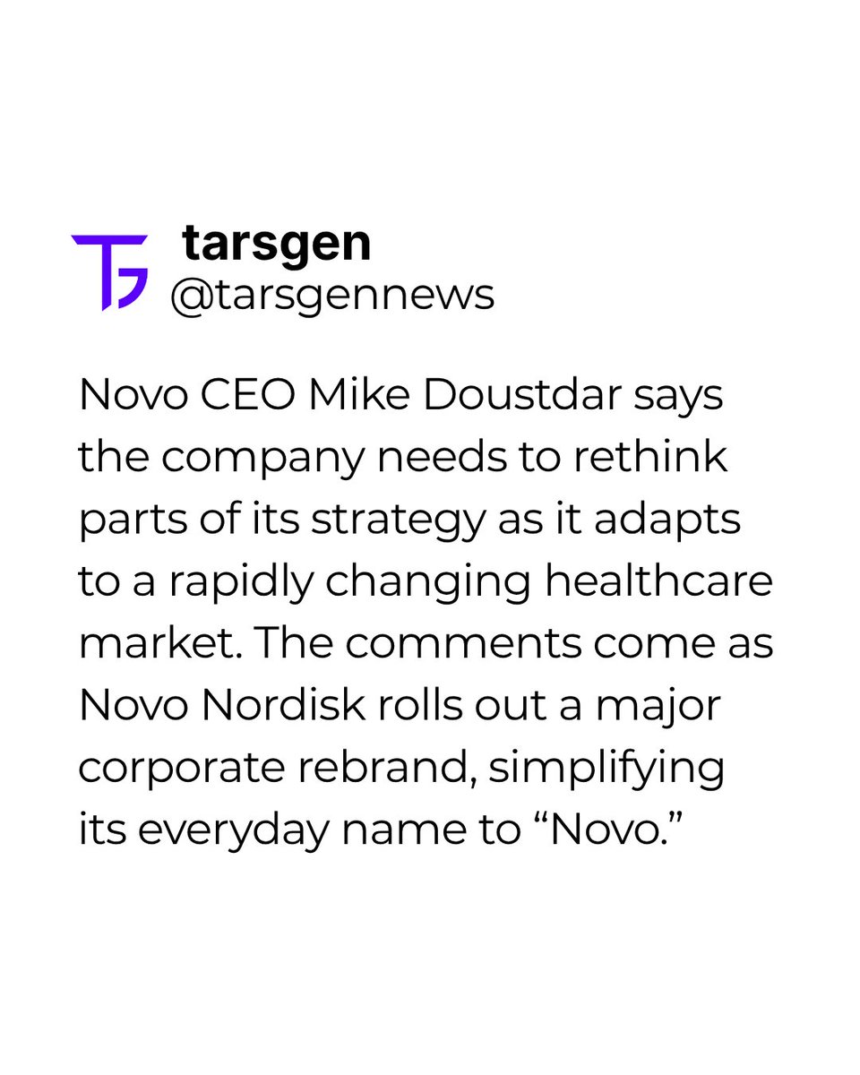 Tarsgen's tweet photo. 🔄 Novo Nordisk is rebranding its everyday identity to “Novo” as CEO Mike Doustdar signals a broader strategic reset.

The company says diabetes and obesity will remain at the core of its business.

#NovoNordisk #Biotech #Pharma https://t.co/oF4Yq34ESR