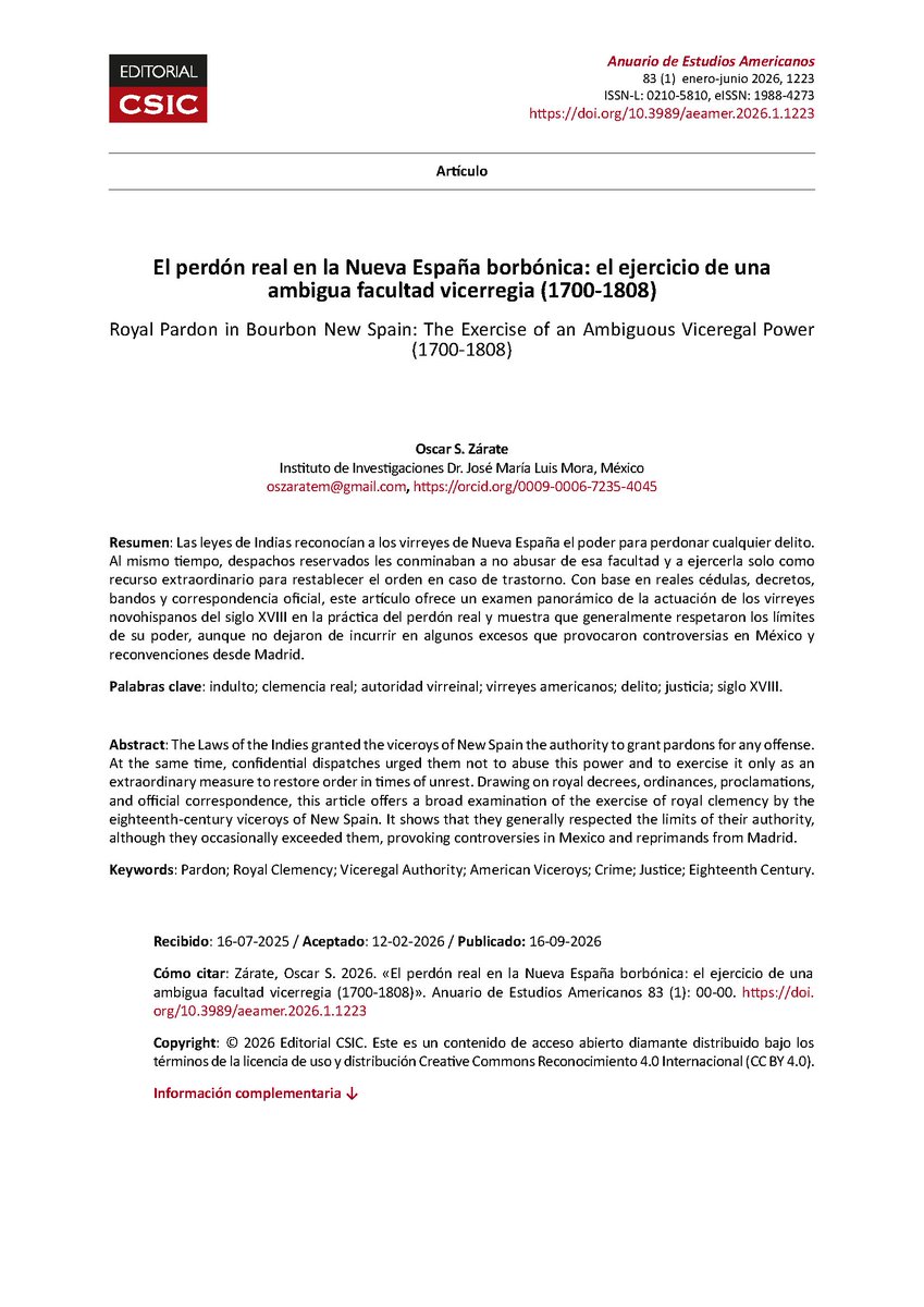 oscarszarate's tweet photo. El más reciente número del Anuario de Estudios Americanos ya está disponible en línea y en él aceptaron publicar un artículo mío sobre la práctica virreinal del perdón real en la Nueva España del siglo XVIII.
https://t.co/FcTMUz7HQB https://t.co/qIjayjlJQb