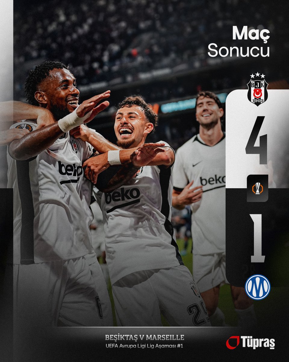 Besiktas's tweet photo. UEFA Avrupa Ligi'ne galibiyetle başlıyoruz. 🦅 

BJK 4-1 OM

#BJKOM | #UEL | #ForzaBeşiktaş https://t.co/WjyLEEl6mF