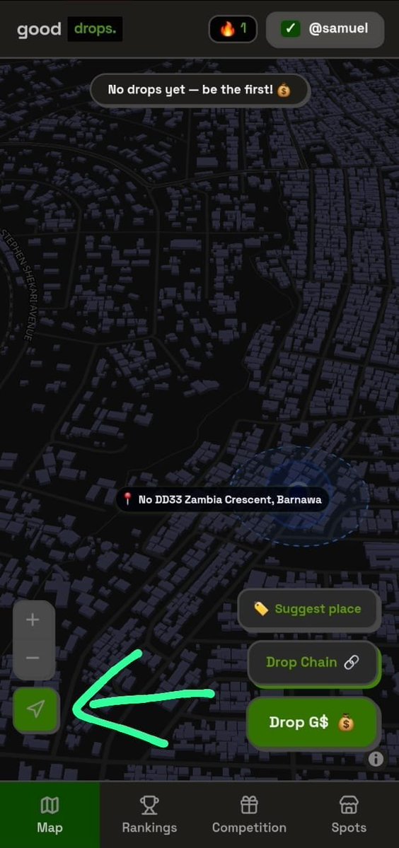 Samuel_767's tweet photo. Explored too far across the map? Just tap the green navigation arrow in the bottom corner to snap right back to your exact location. 🎯

Never miss out on drops happening right where you're standing.

Cc.@gooddropss @gooddollarorg @celo https://t.co/luJZ31B7Rt