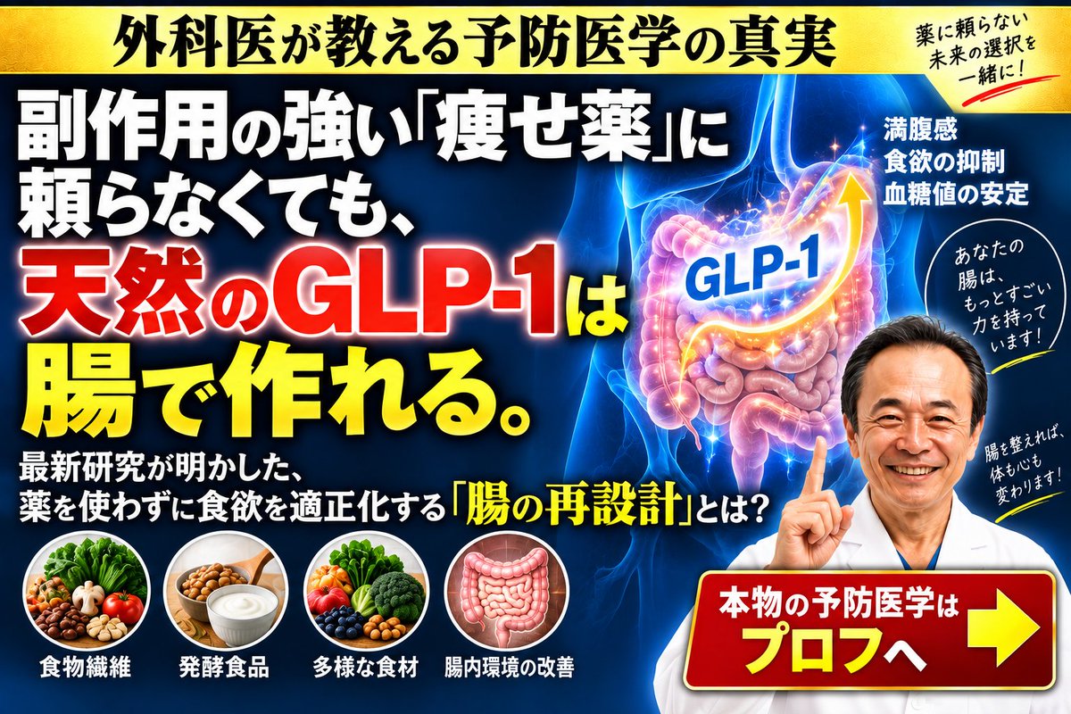 mtsh_tnk's tweet photo. ⚠️「痩せ薬（GLP-1）の副作用で、治療を諦めてしまった…」

外科・内科医として40年、多くの患者さんを診てきた私からお伝えする「外科医が教える予防医学」の最前線です。食欲を奪う強い薬に頼らなくても、私たちの腸には『天然のGLP-1』を分泌させる素晴らしいスイッチが備わっています。

薬で無理やりホルモンを操作するのではなく、自分の腸内細菌に自前で作らせる最新の生化学を解説します。

▼メスを入れる前に体を立て直す「再設計図」はプロフへ✨

#GLP1 #腸活 #予防医学 #体の再設計