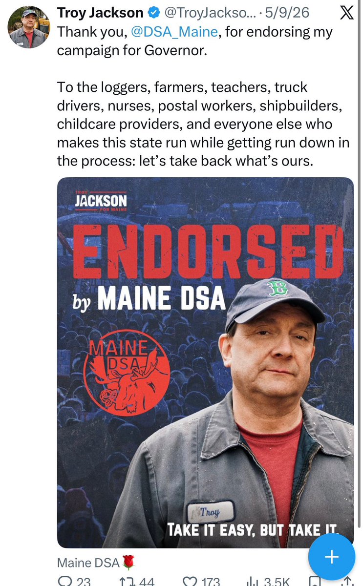 guypbenson's tweet photo. 👀 I get that with Platner out &amp; so much attention on MI, #MEsen has sort of dropped off the radar for people… but Dems’ replacement Senate nominee (after nullifying their election) has the full backing of the DSA cult &amp; is also endorsed by the “America deserved 9/11” guy: https://t.co/Np71fonHjT
