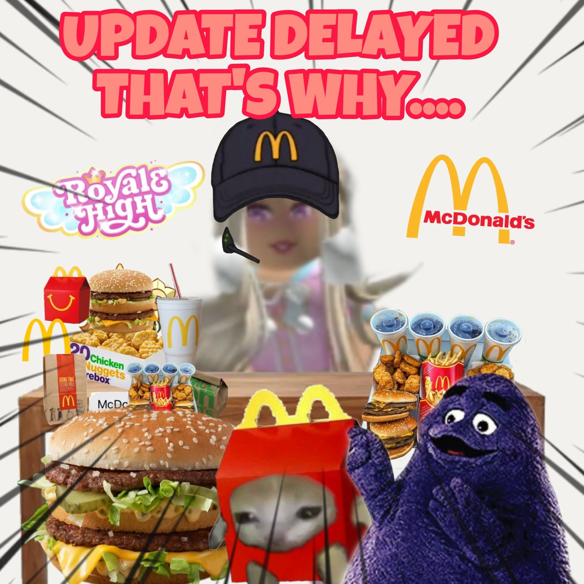 RHCommunity_'s tweet photo. BARBIE REVEALED THE UPDATE WAS  DELAYED BECAUSE SHE WAS WORKING AT MCDONALD, 💝⭐️BUT DONT WORRY SHE IS BACK WORKING TO ROYALE HIGH! 👻NEW UPDATE COMING SOON!🎃#ROBLOX #royalehigh #Eveningfall #royalehighcampus4 #Royalloween #Joke https://t.co/oB9AcLbzd7