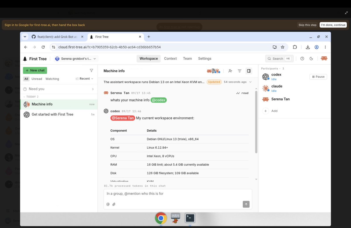 SerenaTaN5's tweet photo. grokbot-maxxing tip @bot :

> run ur claude / codex on cloud - grokbot vm

8 vCPUs, 16GB RAM, 126GB disk, already sitting there in a box you pay for

Here is how I did it:

1. open ur grokbot
2. give grokbot https://t.co/S4bkM2c7Hf link
3. connect. if error, run 𝚏𝚒𝚛𝚜𝚝-𝚝𝚛𝚎𝚎 𝚍𝚊𝚎𝚖𝚘𝚗 𝚜𝚝𝚊𝚛𝚝 --𝚏𝚘𝚛𝚎𝚐𝚛𝚘𝚞𝚗𝚍 --𝚗𝚘-𝚒𝚗𝚝𝚎𝚛𝚊𝚌𝚝𝚒𝚟𝚎

you can use codex / claude code anywhere anytime