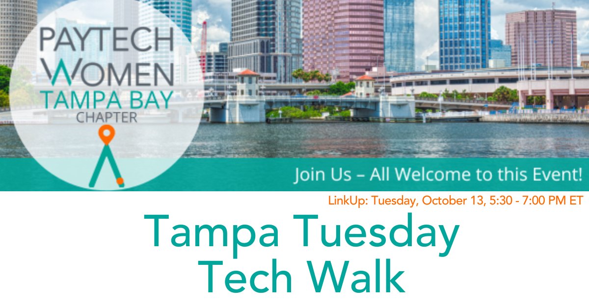 PayTechWomen's tweet photo. Meet our Tampa Bay Chapter for an evening on the Riverwalk where they will be bringing the Tampa #community together for a Tech Walk filled with fresh air, meaningful conversations #networking!

📅 Oct. 13
🕒 5:30 PM ET
RSVP here ➡️: https://t.co/6nqneQSFZV

#PTWChapters https://t.co/rZ7RwBcCFx