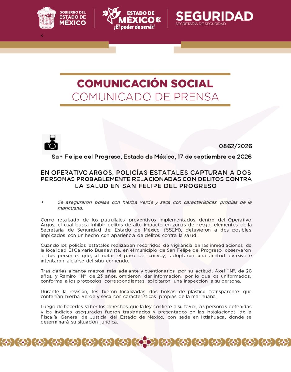SS_Edomex's tweet photo. En #SanFelipeDelProgreso, en el marco del #OperativoArgos, personal de la #SSEdoMex capturó a dos posibles implicados con un hecho con apariencia de delitos contra la salud ; se aseguraron bolsas con hierba verde y seca con características propias de la marihuana.
 📞 #Emergencias 9-1-1