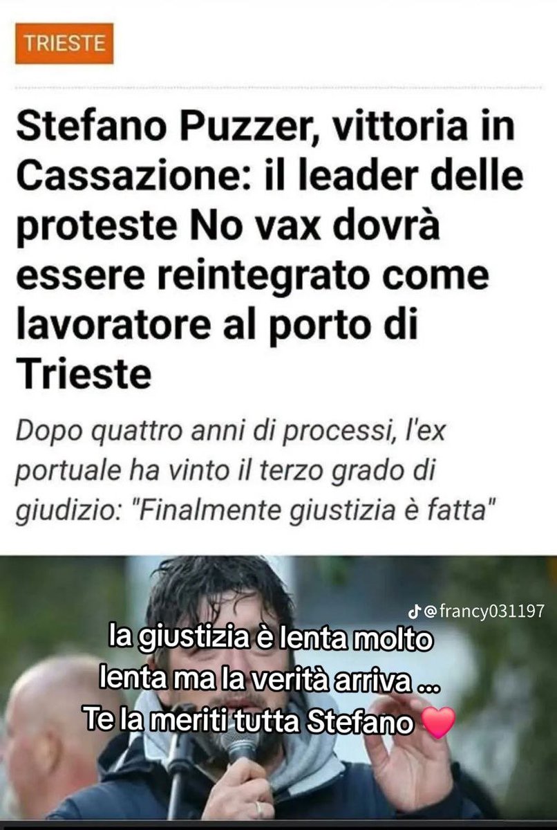 OrtigiaP's tweet photo. FINALMENTE GIUSTIZIA È FATTA. 
#StefanoPuzzer  colui che a Trieste ha lottato per lo sciopero degli autrasportatori e contro l’obbligo del greenpass dovrà essere reintegrato. PAGINA VERGOGNOSA IN CUI 1000 persone che pregavo sono stati dispersi con gli idranti.   ANCHE IL PREFETTO DOVREBBE PAGARE 

la gente come mai non molla mai !!! MAI PIÙ OBBLIGHI