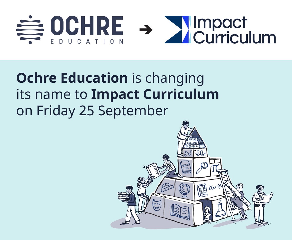 ImpCurriculum's tweet photo. On Friday 25 September, Ochre Education becomes Impact Curriculum, alongside an updated website.

Our name is evolving, but our people, our purpose and the quality of our work stay the same. Renaming as Impact Curriculum reflects our place in the Impact Teaching Group, the for-purpose group we launched in June, alongside Teach Well and Impact Assessment.

Our core evidence-based curriculum resources will remain free, forever. For those who have bookmarked pages on the existing website, all existing links will be redirected – no one will lose access to any resources.

More detail closer to the date.