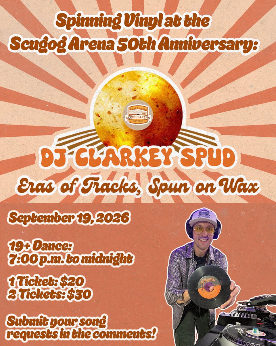 TwpofScugog's tweet photo. Eras of tracks, spun on wax 🎶

Come see DJ Clarkey Spud at the Scugog Arena 50th Celebration Dance this Saturday! 💃🕺

Are there some songs you are hoping to hear? Submit your requests in the comments! 🎼

Tickets to the dance can be purchased at https://t.co/chqIk5Qqvw https://t.co/7tZ2Xr0yrW