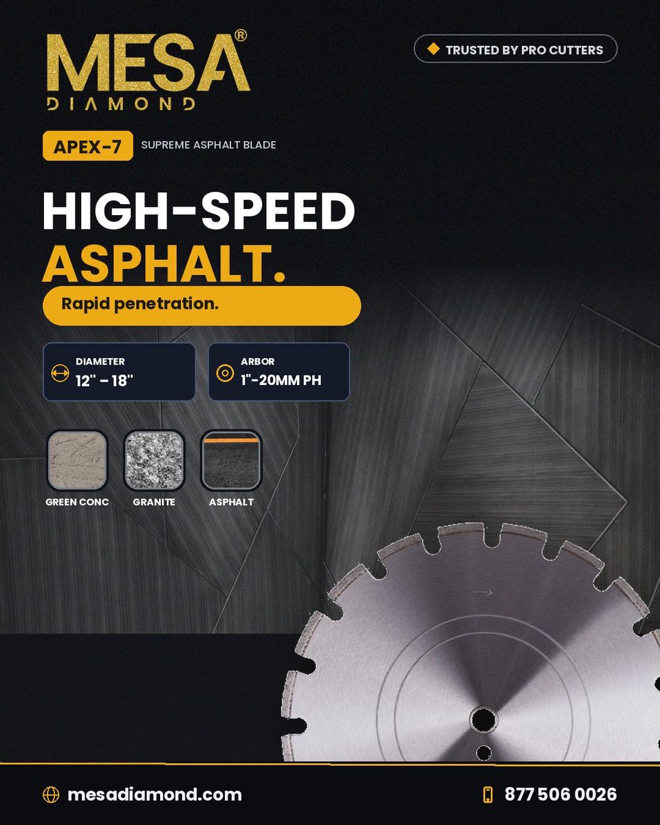 mesadiamondusa's tweet photo. High-speed on the toughest surfaces. The MESA APEX-7 asphalt blade tears through asphalt, green concrete and granite — rapid penetration with cool-cutting segments built to last all day. 877 506 0026

#asphaltcutting #diamondblade #roadwork #concretecutting #mesadiamond https://t.co/hZoXSRmFMX