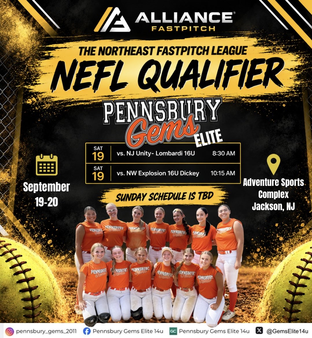 GemsElite16u's tweet photo. NEFL QUALIFIER WEEKEND!🔥 
The Pennsbury Gems Elite are headed to Jackson, NJ for a big weekend of competition!

📅 September 19–20
📍 Adventure Sports Complex

Let’s go, Gems! 🥎🧡🖤
#GemsOn3
#EliteFall2026
#NEFLQualifier #AllianceFastpitch https://t.co/Ni6dJCWaGy