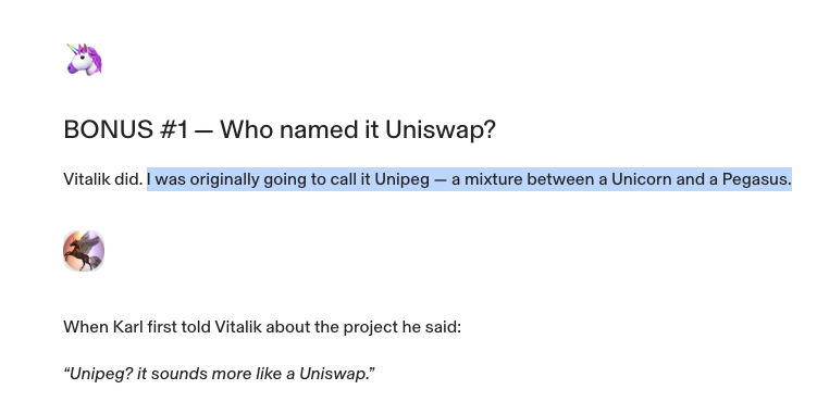 0xRikusol's tweet photo. Hayden Davis, the founder of Uniswap, originally wanted to name Uniswap “Unipeg”, a mix of a unicorn and a Pegasus.

https://t.co/3SJkEnfuRl

Vitalik then said Uniswap would be a better name so they went with his idea. 

We should run the original name idea for Uniswap as a memecoin paired to $UNI. 

$UNIPEG