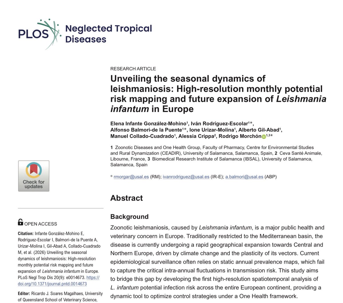RodrigoMorchon's tweet photo. Nueva publicación de nuestro grupo de investigación sobre el riesgo de infección mensual de leishmaniosis canina en Europa como medida de control #onehalth #prevencion @usal #PLOSNeglectedTropicalDiseases @PLOS https://t.co/Nn72ltGMil