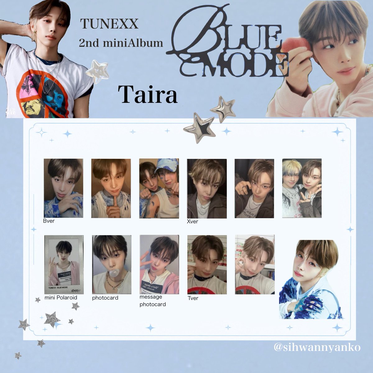 sihwannyanko's tweet photo. TUNEXX 2ND MINI ALBUM[BLUE MODE]アルバム 封入 

封入トレカ一覧🐬
ご自由にご使用ください𖤐 ̖́-
ご使用の際♡、↻して下さると嬉しいです🐈⸒⸒⸒⸒
リプ欄に続いております⇩⇩⇩

保存、加工👌´-

#TUNEXX #튜넥스 
#BLUE_MODE
#Donggyu #동규 #Inhu #인후 
#Taira #타이라 #Sungjun #성준 https://t.co/kRg9Yl6cen
