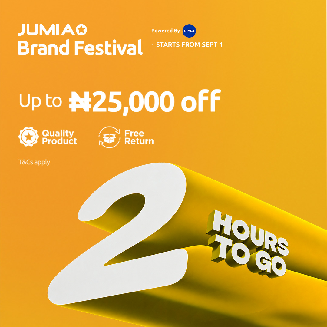 JumiaNigeria's tweet photo. The countdown is almost over!
Just 2 hours left until the Jumia Brand Festival final Explosion day kicks off.
Get ready to enjoy up to N25,000 off your favourite products.
#JumiaNigeria #BetaPrice https://t.co/kMjk913giE