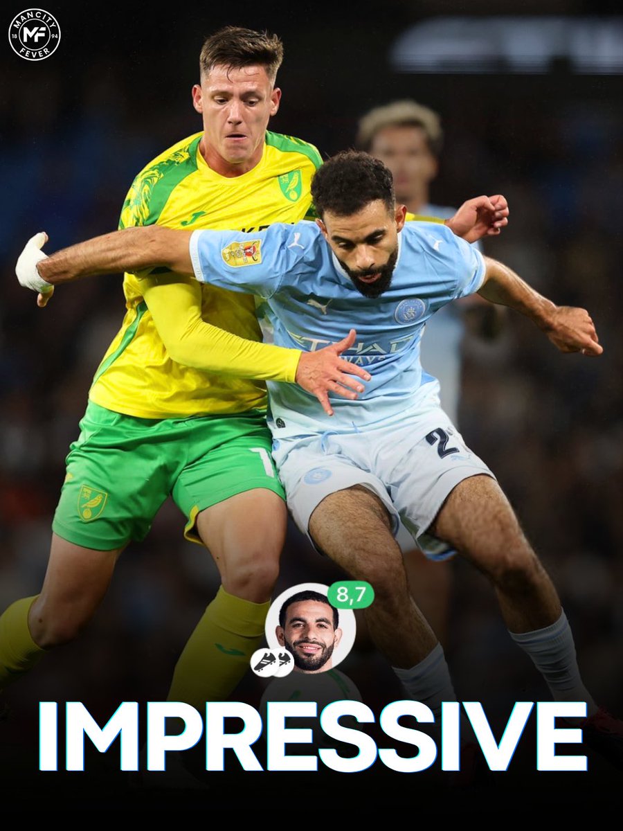 mancityfever2's tweet photo. Rayan Ait-Nouri created more chances and provided more assists than any other player in Man City’s win over Norwich tonight – an impressive performance! 🌟👏🏻

◉ 2 assists
◉ 3 chances created
◉ 3/3 aerial duels won
◉ 4 recoveries
◉ 95 touches
◉ 5 passes into the final third
◉ 93% pass accuracy

It was his first City start of the season. Does he deserve to play more regularly?