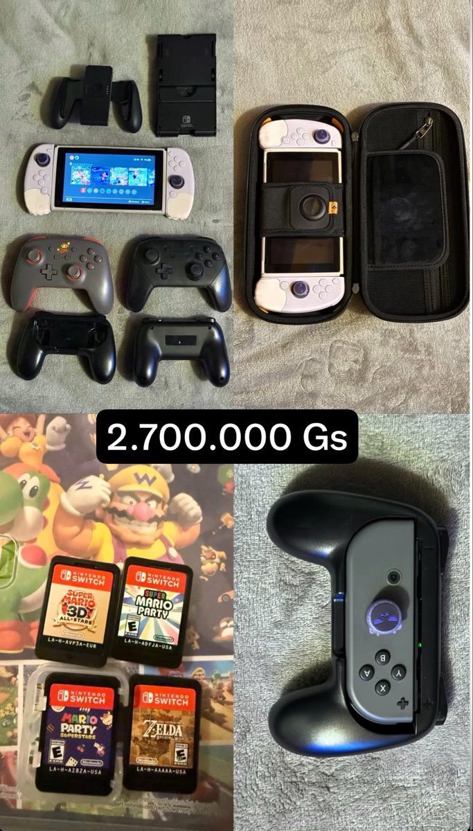 maca_grippo's tweet photo. - Consola Nintendo Switch 1 
- ⁠Adaptador de corriente (cargador)
- ⁠Soporte para mandos Joy-con (grip) 
- ⁠Correas para los Joy-con 
- ⁠Dock para la TV 
- Pro controler x2 + cable 
- ⁠Soporte adaptable 
- ⁠Estuche hardcover 
- ⁠Adaptador para joy-con x2
- ⁠4 Juegos https://t.co/ZYw1q5M7Y0