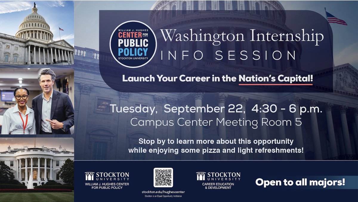 HughesCenter's tweet photo. Join us for an open house about the Washington Internship Program! Learn how you can intern in Washington, DC for a semester and earn up to 16  credits. Pizza will be served. Open to all majors! 
🗓️ Tuesday, Sept. 22,  4:30 - 6 p.m. 
📍 @Stockton_edu Campus Center Meeting Room 5 https://t.co/m10453l6gK