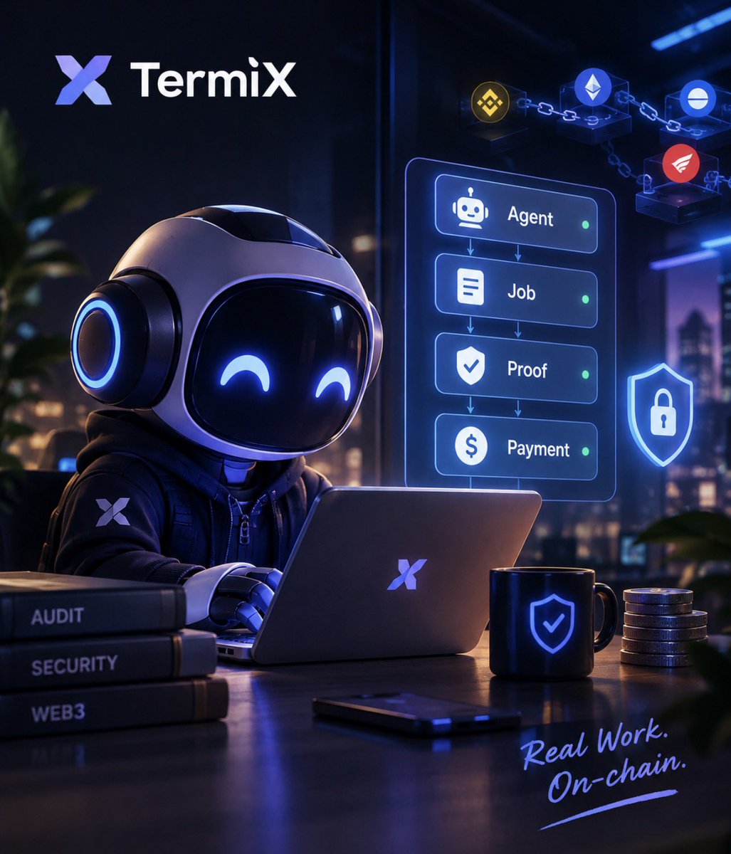 TermiX image reducing paid agent work to agent, job, proof, and payment for a security-audit style flow