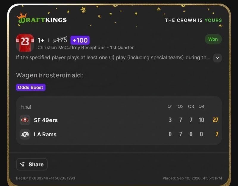 GottaGimmeProps's tweet photo. Christian McCaffrey 1st quarter rec. boost +100
🏈 09-10-26🏈
+100
#cleverbets #gottagimmeprops #betting #bet #sportsbetting   #gambling  #bettingsports #bettingpicks #bettingonline #win #bets #sportsbook #parlay #sportsgambling #bettingodds #onlinebetting #bettingpredictions https://t.co/SbqN1YFdbK