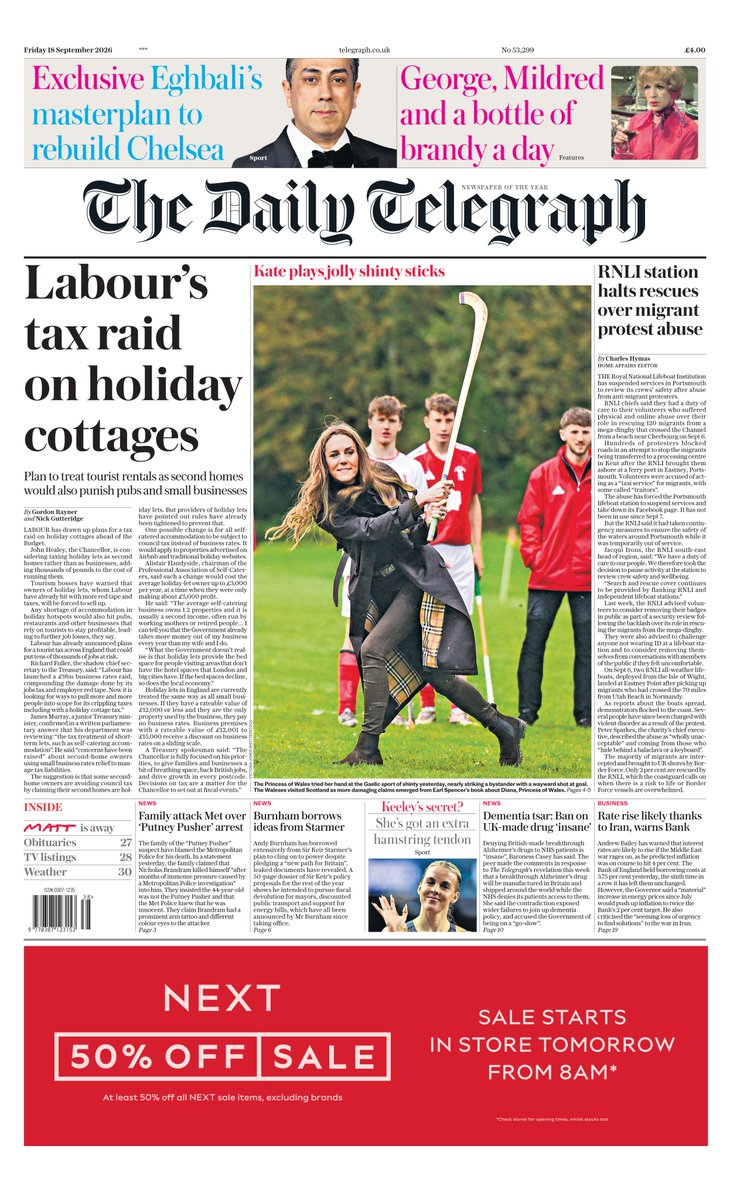 AndyGibsonTV's tweet photo. "LABOUR'S TAX RAID ON HOLIDAY COTTAGES"
@GordonRayner / @NickGutteridge for @Telegraph
Labour Party are drawing up plans to tax holiday lets as second homes rather than businesses, adding thousands in Council Tax ahead of the Budget.
#DailyTelegraph
#TomorrowsPapersToday