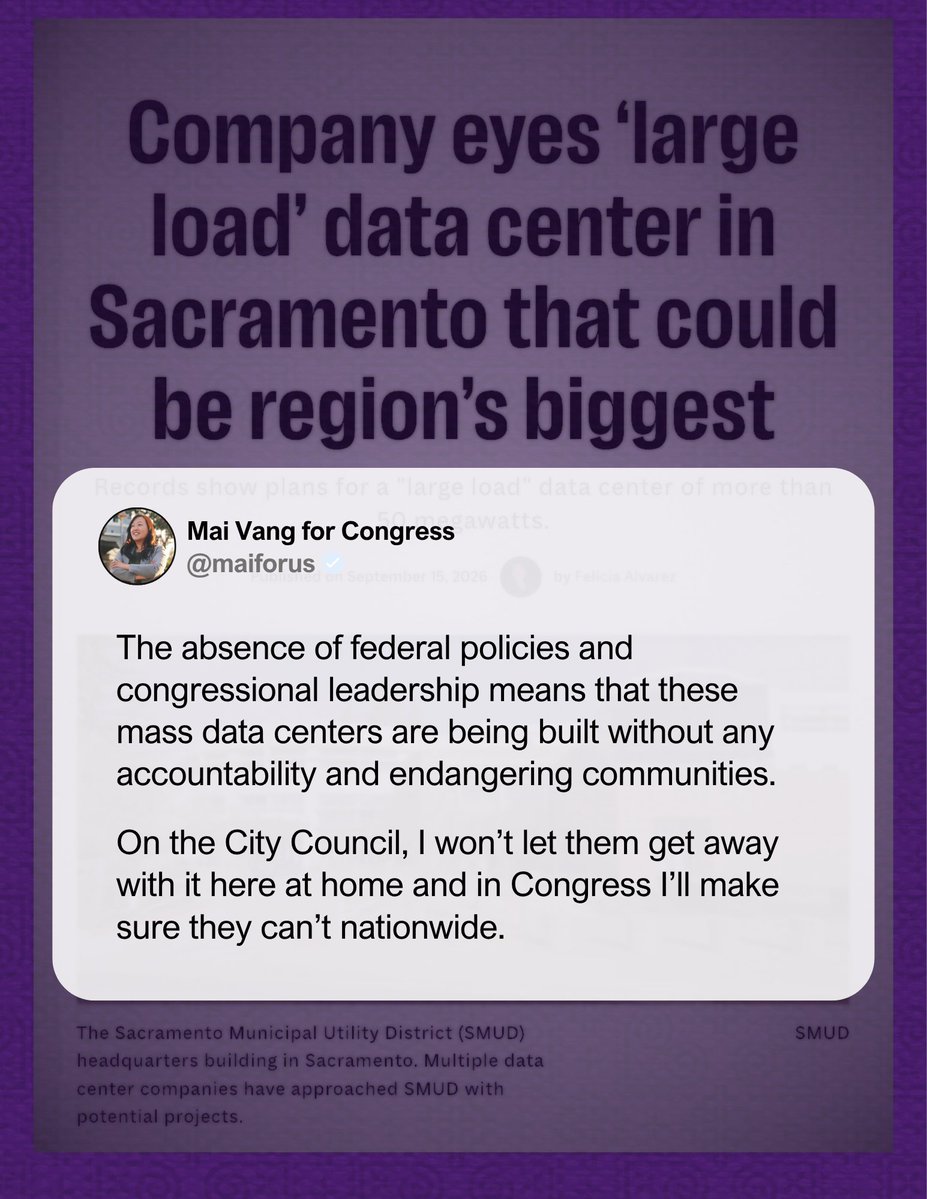 MaiForUs's tweet photo. People across the nation are saying "NO" to data centers in our backyards. South Sac is no exception. That's why I'm the only candidate in this race that's has committed to signing @BernieSanders  Data Center Moratorium &amp; refuse to take a dime from companies that profit off them https://t.co/ed6jjrXUgV