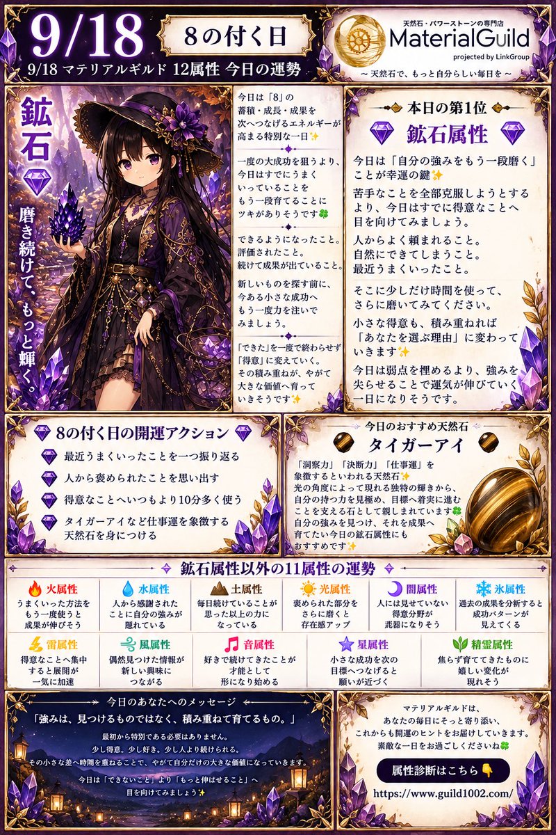 MaterialGuild's tweet photo. 🎉 本日8の付く日！

🔮 9/18 マテリアルギルド 12属性 今日の運勢 🔮

今日は「8」の蓄積・成長・成果を次へつなげるエネルギーが高まる特別な一日✨

一度の大成功を狙うより、今日はすでにうまくいっていることをもう一段育てることにツキがありそうです🍀

できるようになったこと。
評価されたこと。
続けて成果が出ていること。

新しいものを探す前に、今ある小さな成功へもう一度力を注いでみましょう。

「できた」を一度で終わらせず「得意」に変えていく。

その積み重ねが、やがて大きな価値へ育っていきそうです✨

⸻

👑 本日の第1位 💎鉱石属性💎

今日は「自分の強みをもう一段磨く」ことが幸運の鍵✨

苦手なことを全部克服しようとするより、今日はすでに得意なことへ目を向けてみましょう💎

人からよく頼まれること。
自然にできてしまうこと。
最近うまくいったこと。

そこに少しだけ時間を使って、さらに磨いてみてください。

小さな得意も、積み重ねれば「あなたを選ぶ理由」に変わっていきます✨

今日は弱点を埋めるより、強みを尖らせることで運気が伸びていく一日になりそうです。

⸻

💎 今日のおすすめ天然石

✨ タイガーアイ ✨

「洞察力」「決断力」「仕事運」を象徴するといわれる天然石✨

光の角度によって現れる独特の輝きから、自分の持つ力を見極め、目標へ着実に進むことを支える石として親しまれています🍀

自分の強みを見つけ、それを成果へ育てたい今日の鉱石属性にもおすすめです💎

⸻

🔥 火属性：うまくいった方法をもう一度使うと成果が伸びそう🔥

🌊 水属性：人から感謝されたことに自分の強みが隠れている🌊

🌿 土属性：毎日続けていることが思った以上の力になっている🍀

☀️ 光属性：褒められた部分をさらに磨くと存在感アップ✨

🌙 闇属性：人には見せていない得意分野が武器になりそう🌌

❄️ 氷属性：過去の成果を分析すると成功パターンが見えてくる❄️

⚡ 雷属性：得意なことへ集中すると展開が一気に加速⚡

🌪️ 風属性：身につけた知識を別の場面で使うと可能性が広がる🍃

🎵 音属性：好きで続けてきたことが才能として形になり始める🎶

⭐ 星属性：小さな成功を次の目標へつなげると願いが近づく✨

🌱 精霊属性：焦らず育ててきたものに嬉しい変化が現れそう🌿

⸻

✨ 今日のあなたへのメッセージ

「強みは、見つけるものではなく、積み重ねて育てるもの。」 💎

最初から特別である必要はありません。

少し得意。
少し好き。
少し人より続けられる。

その小さな差へ時間を重ねることで、やがて自分だけの大きな価値になっていきます✨

今日は「できないこと」より「もっと伸ばせること」へ目を向けてみましょう。

⸻

🌟 8の付く日の開運アクション

💎 最近うまくいったことを一つ振り返る
💎 人から褒められたことを思い出す
💎 得意なことへいつもより10分多く使う
💎 タイガーアイなど仕事運を象徴する天然石を身につける

⸻

🔮 属性診断はこちら
https://t.co/zeyifGom6A⁠

#マテリアルギルド #属性占い #今日の運勢 #8の付く日 #属性診断 #天然石 #パワーストーン #鉱石属性 #タイガーアイ #仕事運 #開運 #9月18日 #MaterialGuild