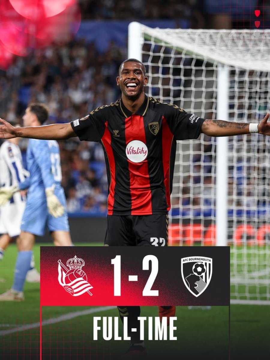 FabianW_Sport's tweet photo. 🍒 HISTORIC WIN FOR THE CHERRIES!
AFC Bournemouth claim a massive 2-1 away win at Real Sociedad! 🌟 Justin Kluivert scores the club's first-ever Europa League goal (11'), followed by Rayan (20'). Sergio Gomez's fluke goal (57') wasn't enough. Rose beats Matarazzo!👏 #RSOBOU #UEL https://t.co/PWZDh2pOJe