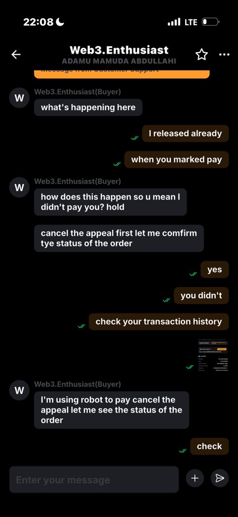 0xTribee's tweet photo. I NEED @Bybit_Official @BybitAfrica @benbybit TO LOOK INTO THIS P2P CASE URGENTLY.

I believe I was defrauded in a Bybit P2P transaction today involving 200 USDC / ₦274,200.

Order: 2100593297269231616
Buyer: Web3.Enthusiast
Full Name of the guy: ADAMU MAMUDA ABDULAHHI
His WhatsApp number: +2347067067378

I sold 200 USDC but never received the ₦274,200 payment.

I immediately opened an appeal on Bybit.

The buyer then contacted me on WhatsApp and claimed the funds had been reversed. He told me the only way he could resolve it was for me to cancel my existing appeal and open another one.

I have screenshots of him specifically telling me:

“Cancel the appeal and re appeal again pls”

and later:

“Cancel and appeal with I mistakenly release the coin. Maybe it will work.”

I followed his instructions and cancelled the appeal because I believed he was trying to resolve the transaction.

After I cancelled it, he stopped responding. I repeatedly called him and received no answer, and I can no longer reach him.

Now when I try to appeal again, Bybit tells me:

“The order has reached the appeal limit and cannot initiate an appeal.”

I STILL HAVE NOT RECEIVED THE ₦274,200.

I have evidence of everything:

The original Bybit P2P order

The original appeal

The WhatsApp conversation where I was instructed to cancel it

My attempts to contact the buyer afterward

My transaction history showing no ₦274,200 payment received

@Bybit_Official @BybitAfrica @benbybit please escalate this to the P2P Risk/Appeals team and investigate the counterparty and this order urgently.

I provided the WhatsApp number, account information and all unedited evidence   

Order ID: 2100593297269231616

I only cancelled the active appeal because the counterparty specifically instructed me to do so while claiming that was necessary to return my funds.

He mentioned he pays with a bot automatically that’s why he’s surprised I didn’t get payment