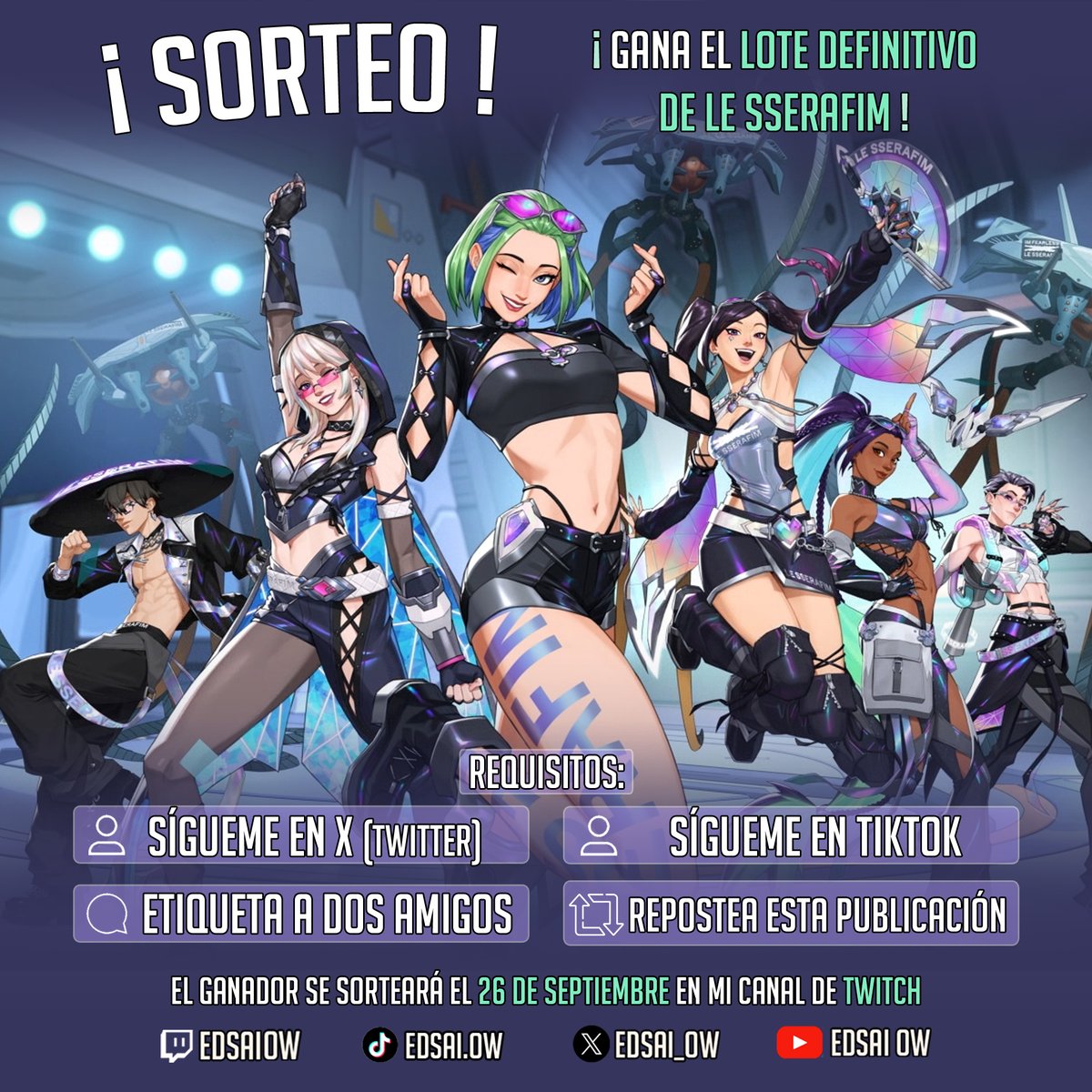 edsai_ow's tweet photo. You just made my night!  🪩🎶

Tenemos nuevo sorteo de la collab de #Overwatch x #LeSserafim cortesía de los grandes de @OverwatchLATAM con estas skins preciosísimas! 🔥

Requisitos:
✅ Seguirme en X y TikTok  
✅ Darle like al post   
✅ Etiquetar a dos amig@s 
✅ Repostear

El sorteo se llevará a cabo el Sábado 26 de Septiembre en mi canal de Twitch. 🕹️

#OverwatchEspañol #OW #OverwatchLATAM #OWLATAMLESSERAFIM #OWLATAMMegaloteGiveaway