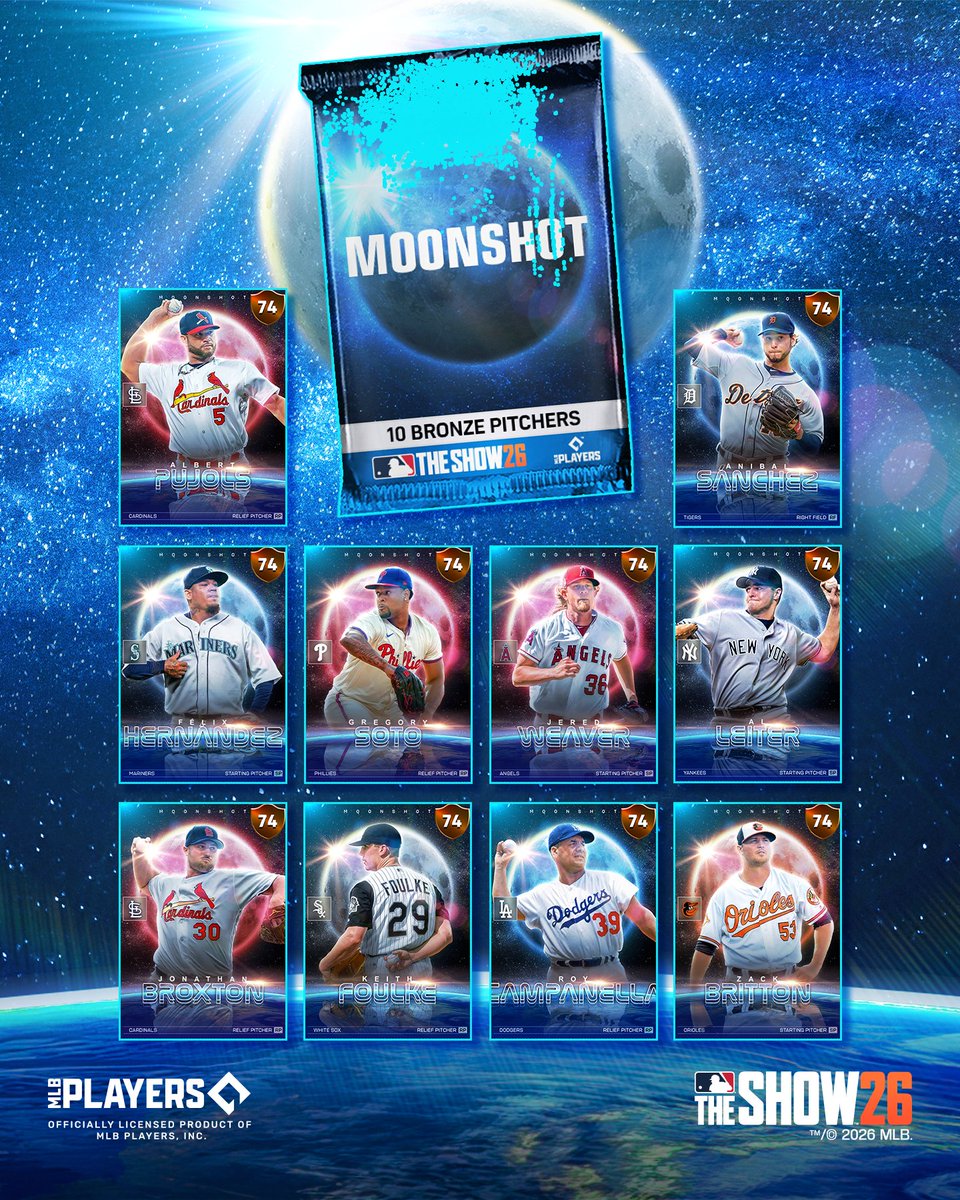 MLBTheShow's tweet photo. ⚾ Best of luck, baseballs!

The Moonshot Program drops tomorrow in MLB The Show 26! 😱

🌕 Gil Hodges 🚀
🌕 Jackie Robinson 🚀
🌕 Wade Boggs 🚀
🌕 Joe Torre 🚀
🌕 Rod Carew 🚀
🌕 Paul Molitor 🚀
🌕 Adam Jones 🚀
🌕 Adam Dunn 🚀
🌕 Garret Anderson 🚀
🌕 Dave Roberts 🚀

You can also play Mini Seasons and Diamond Quest to earn Moonshot packs, XP, Stubs, and more!
