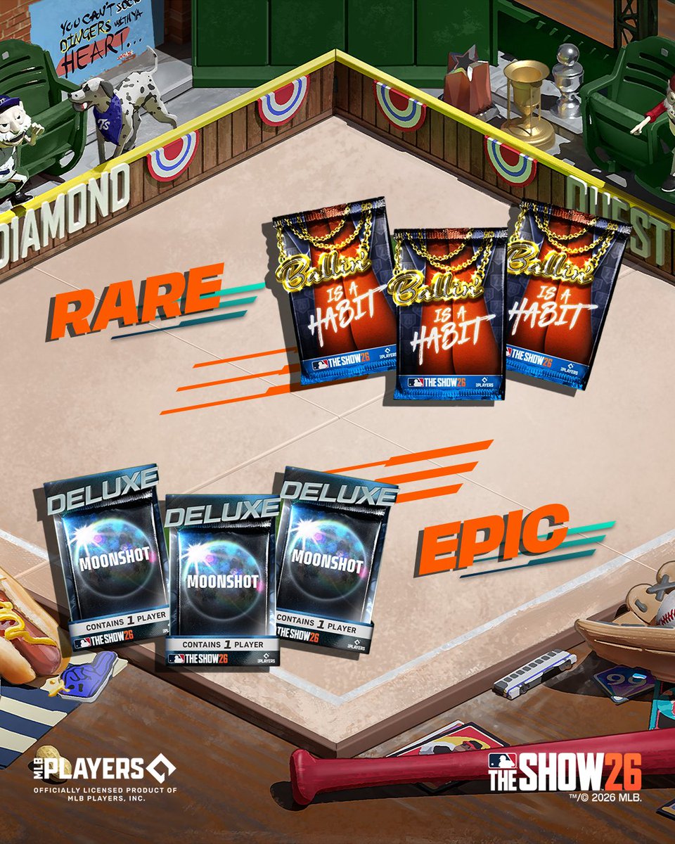 MLBTheShow's tweet photo. ⚾ Best of luck, baseballs!

The Moonshot Program drops tomorrow in MLB The Show 26! 😱

🌕 Gil Hodges 🚀
🌕 Jackie Robinson 🚀
🌕 Wade Boggs 🚀
🌕 Joe Torre 🚀
🌕 Rod Carew 🚀
🌕 Paul Molitor 🚀
🌕 Adam Jones 🚀
🌕 Adam Dunn 🚀
🌕 Garret Anderson 🚀
🌕 Dave Roberts 🚀

You can also play Mini Seasons and Diamond Quest to earn Moonshot packs, XP, Stubs, and more!