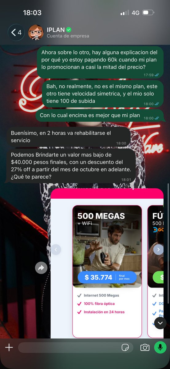 Dtownmin93's tweet photo. @iplanarg
Che son unos copados ustedes, me cobran 60k en agosto, y encima me ofrecen bajarlo a 40k cuando fui a pedir explicaciones siendo que un plan mejor lo ofrecen a 35k.
O sea no es solamente entrar a fijarse, es no dejarse estafar por sus representantes también https://t.co/ZoDYerk1ek
