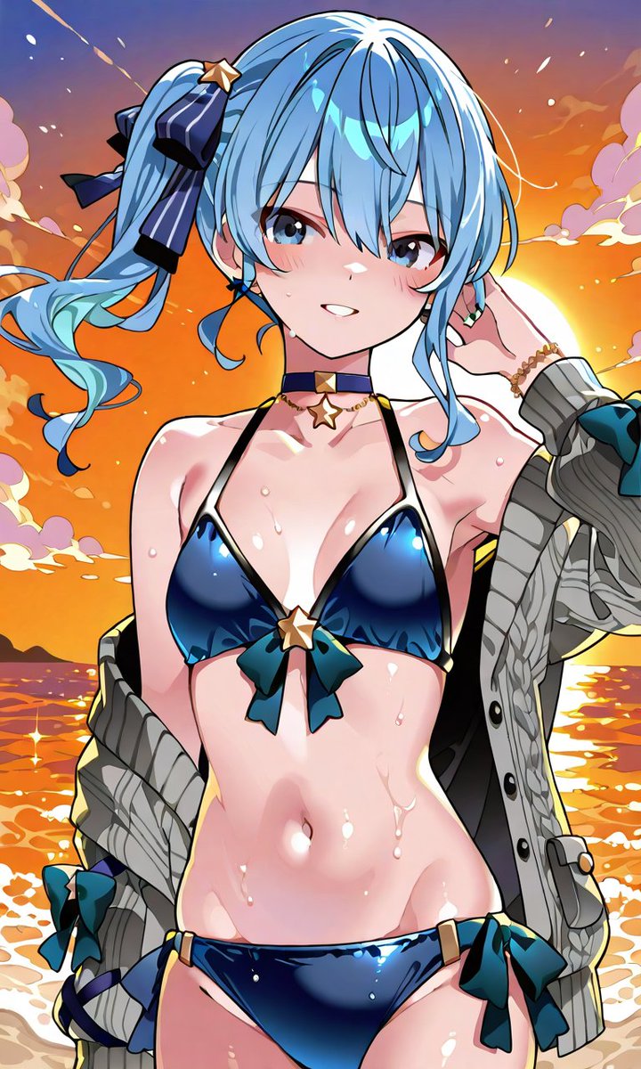 notes3333's tweet photo. 「おーおー、何マジマジと見てんの？…は？『水着が眩しい』？夕日のせいでしょ！ほら、そんなことより早く写真撮って！今日もすいちゃんは〜？……可愛い！って言わせるためのポーズなんだからさ！」
#ホロライブ
#星街すいせい
#AIイラスト
ホロライブ／星街すいせい／AIイラスト https://t.co/WLokFOyjy7