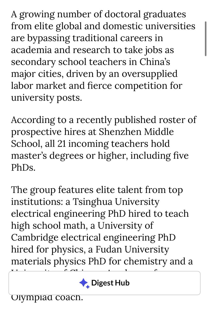 fncischen's tweet photo. Pretty insane PhD job market spillover problem in China. 

Shenzhen Middle School has over 100 teachers with a PhD, and 150 graduates of Tsinghua/PKU, 100+ alum of Harvard, Oxford, Cambridge 

You don’t need a PhD in Electrical Engineering from Tsinghua to teach middle school math…. but the job market in China basically forces that lol