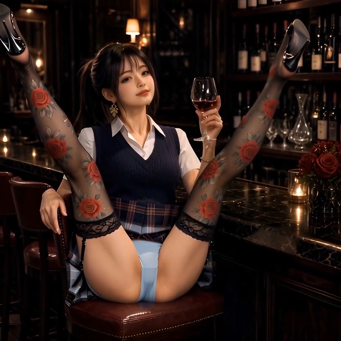 An illustrated image of a woman sitting on a bar chair with her legs raised and spread, wearing floral stockings and holding a wine glass.