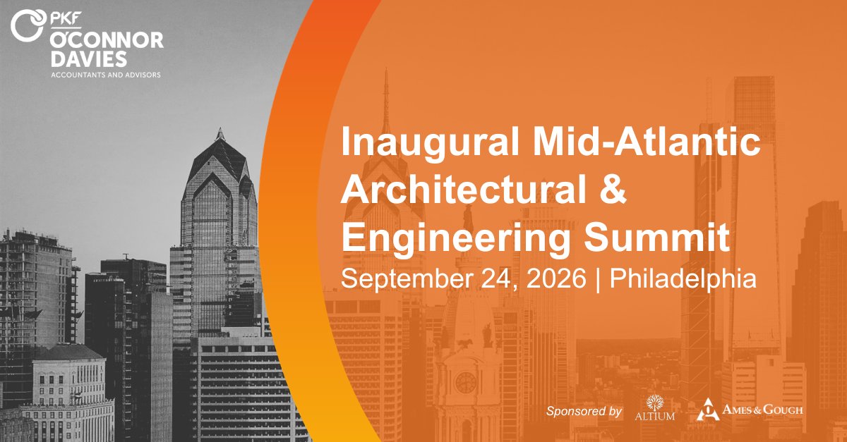 PKFOD's tweet photo. Last chance to register!

Join us on Thursday, September 24, for PKF O'Connor Davies' Inaugural Mid-Atlantic Architectural &amp; Engineering Summit at the Pyramid Club in Philadelphia.

Thank you to our sponsors, Altium and Ames &amp; Gough.

Register: https://t.co/XvilSvCve2 https://t.co/5kaipfNfBh