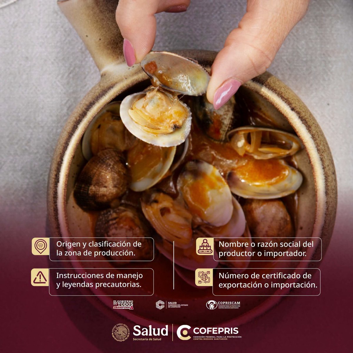 CCopriscam's tweet photo. #MoluscosBivalvos como #ostiones, #almejas, #mejillones y #callodehacha requieren control sanitario.
Al consumirse crudos o con poca cocción y filtrar grandes volúmenes de agua, pueden acumular contaminantes peligrosos. #CofeprisCuidaTuSalud https://t.co/EJpuOVLpOo