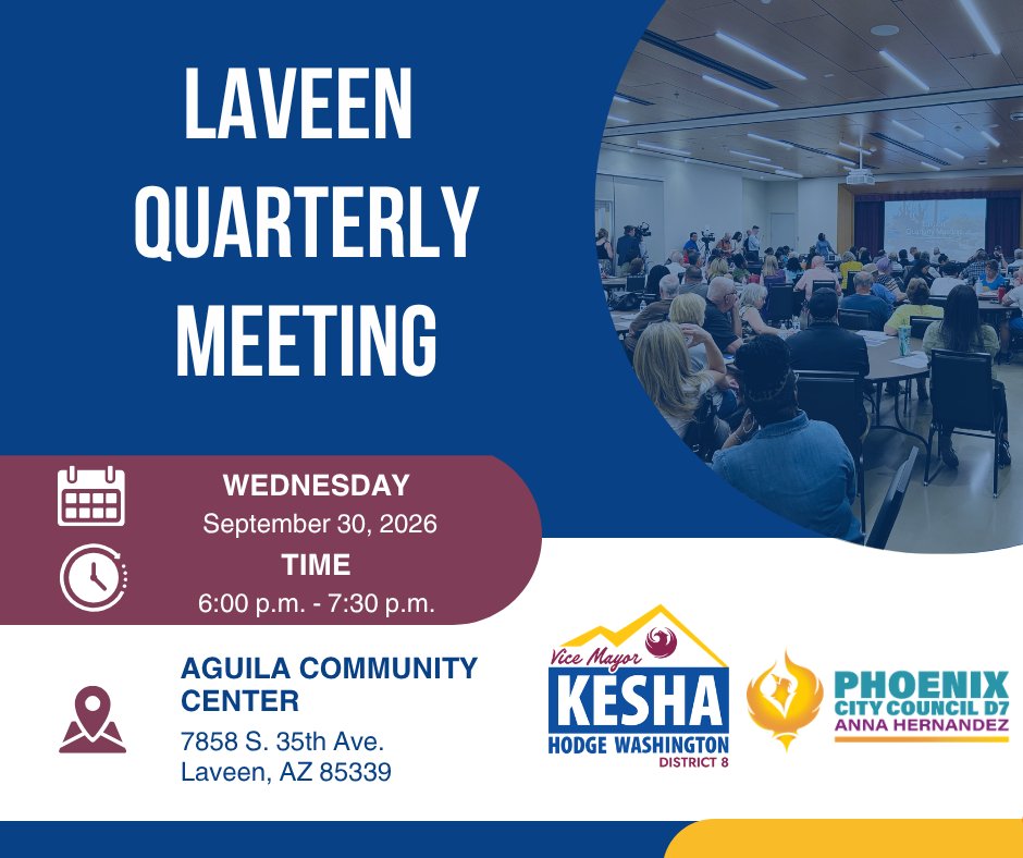 PHXdistrict8's tweet photo. Mark your calendars for our Laveen Quarterly Meeting on Wednesday, September 30 at 6:00 p.m. Join me and district7_phx at the Aguila Community Center. https://t.co/mqOX00mhKh