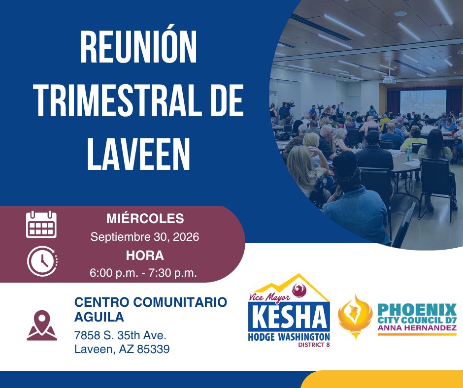 PHXdistrict8's tweet photo. Mark your calendars for our Laveen Quarterly Meeting on Wednesday, September 30 at 6:00 p.m. Join me and district7_phx at the Aguila Community Center. https://t.co/mqOX00mhKh