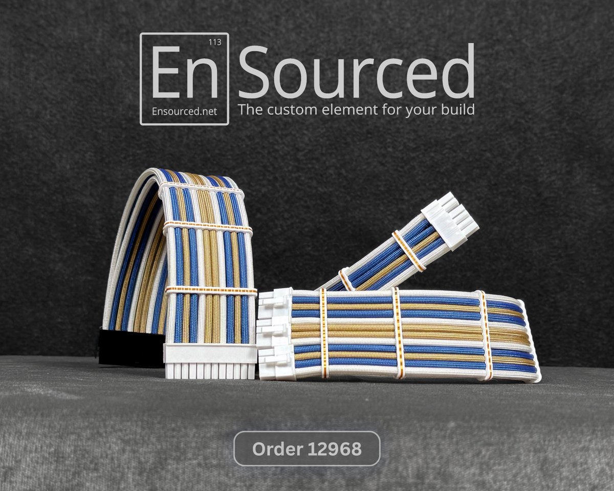 Ensourceddotnet's tweet photo. Order 12968: Gold, Royal Blue, and White extension cables with White connectors and White with Gold Stripe Wire Wraps. The PCI-e and CPU cables are wrapped together to keep their runs aligned. Extensions work with all PSUs. Design yours at https://t.co/hxPDJi1f4r. https://t.co/3FQmRKA2WK