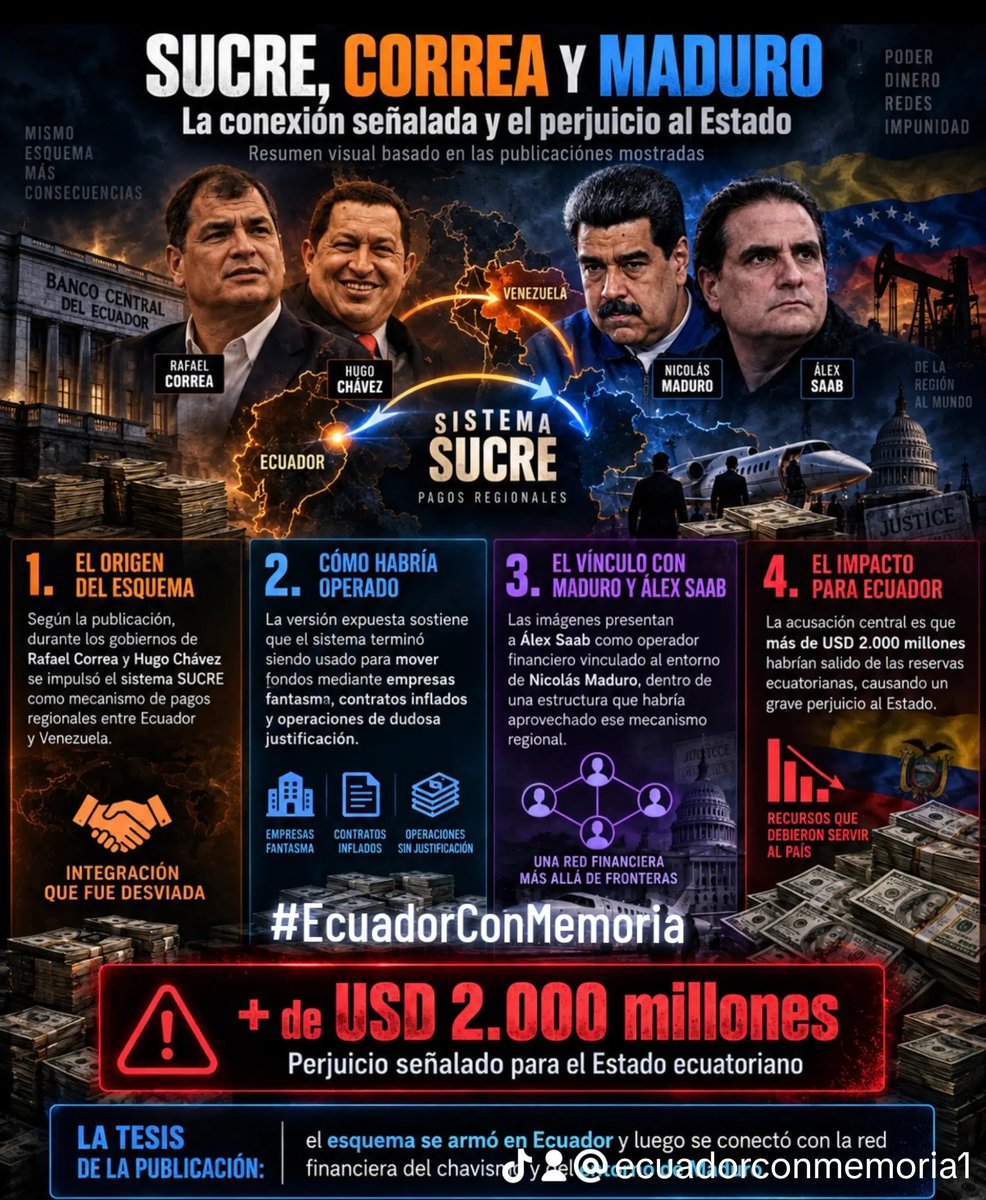 JesusOr_Ecu's tweet photo. @radio_pichincha 🚨 ¡EL ATRACO DEL SIGLO!
Correa y Chávez crearon el sistema SUCRE para desviar fondos. Con empresas fantasma y exportaciones falsas, lavaron millones de la mano de Álex Saab. El perjuicio supera los $2.000 millones de nuestras reservas. 🇪🇨 #CasoSUCRE #CaePorqueCae https://t.co/JGdf411t63