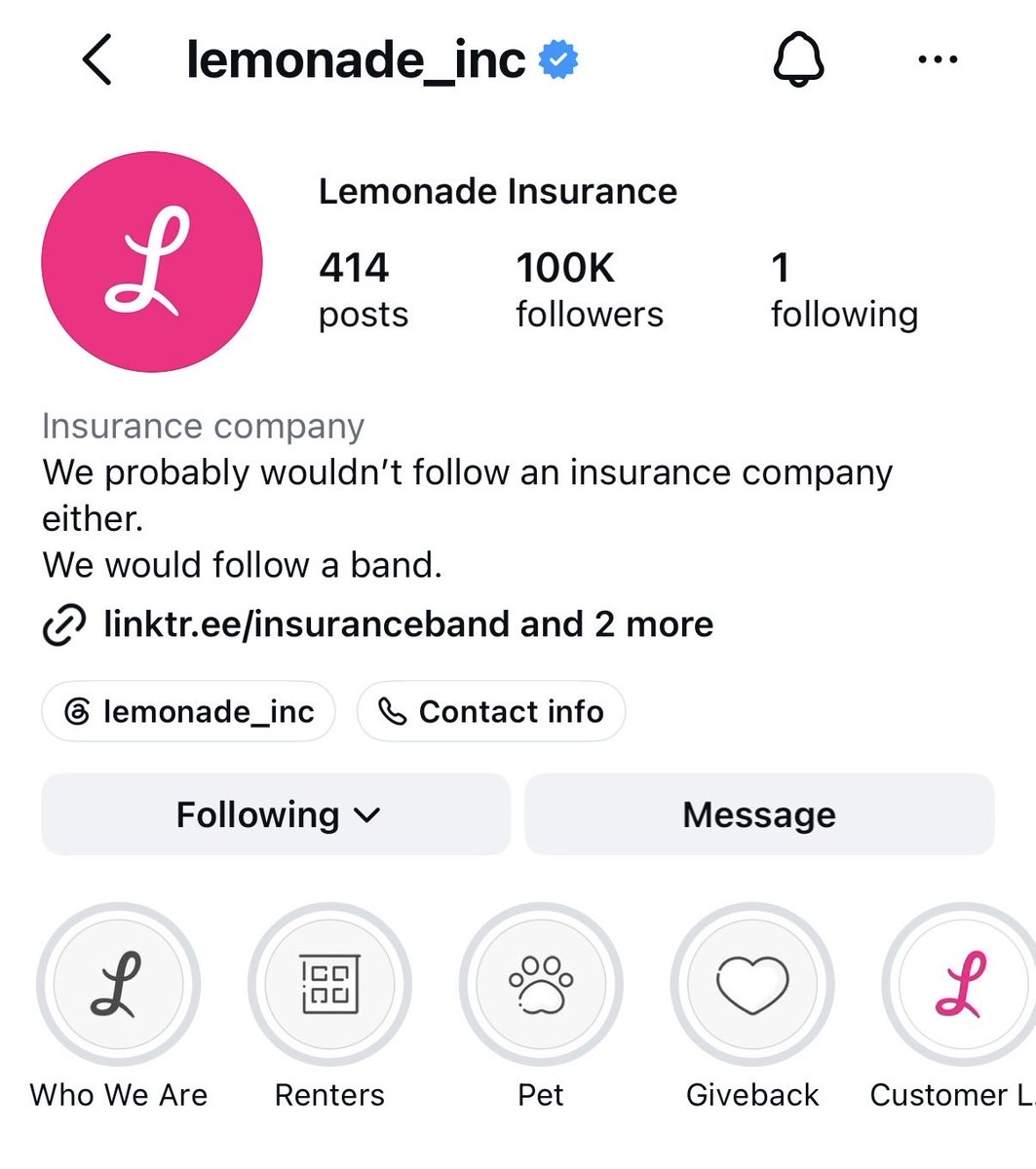 alphanopoly's tweet photo. Lemonade just cleared 100k Instagram followers

Progressive has 119k and State Farm has 139k https://t.co/fNujSEBA3A