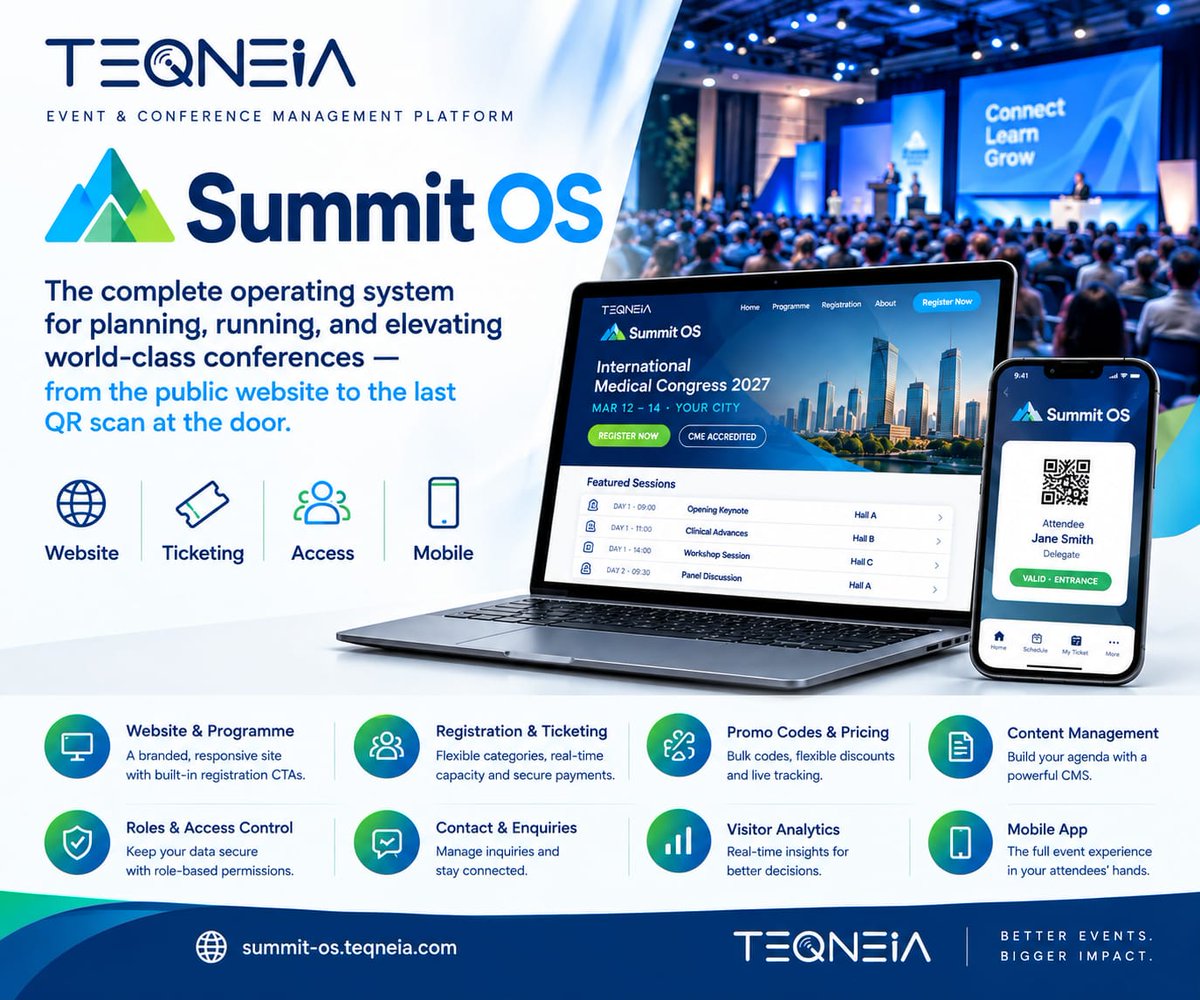 Teqneia_ICT's tweet photo. Plan it. Run it. Elevate it. 🚀
Summit OS is the all-in-one platform for world-class conferences — website to QR scan at the door.
👉 https://t.co/oRYh0watp1
#SummitOS #Teqneia #EventTech https://t.co/X3cOULMp8b