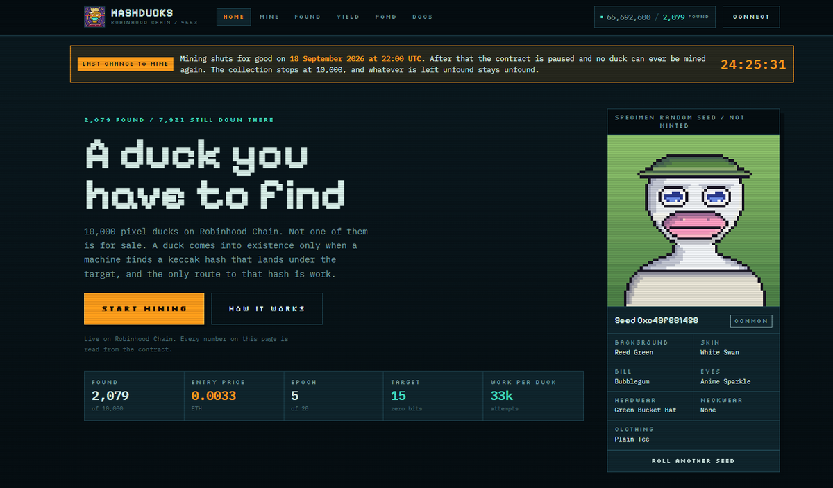 hashducks's tweet photo. Mining shuts for good on 18 September 2026 at 22:00 UTC. After that the contract is paused and no duck can ever be mined again. The collection stops at 10,000, and whatever is left unfound stays unfound.

We added a 24 hours timer. You only have 24 hours to mine and find rest of the 1/1s or any rares left in the contract. 

Once the timer ends, mining will stop and the supply will be capped at that. 

Revenue driven products involving your HashDucks will go live with time, we really appreciate all the support we have gotten so far. 

Sent the #1 HashDuck to @crypto_czar_eth as a token of appreciation for always supporting NFTs.